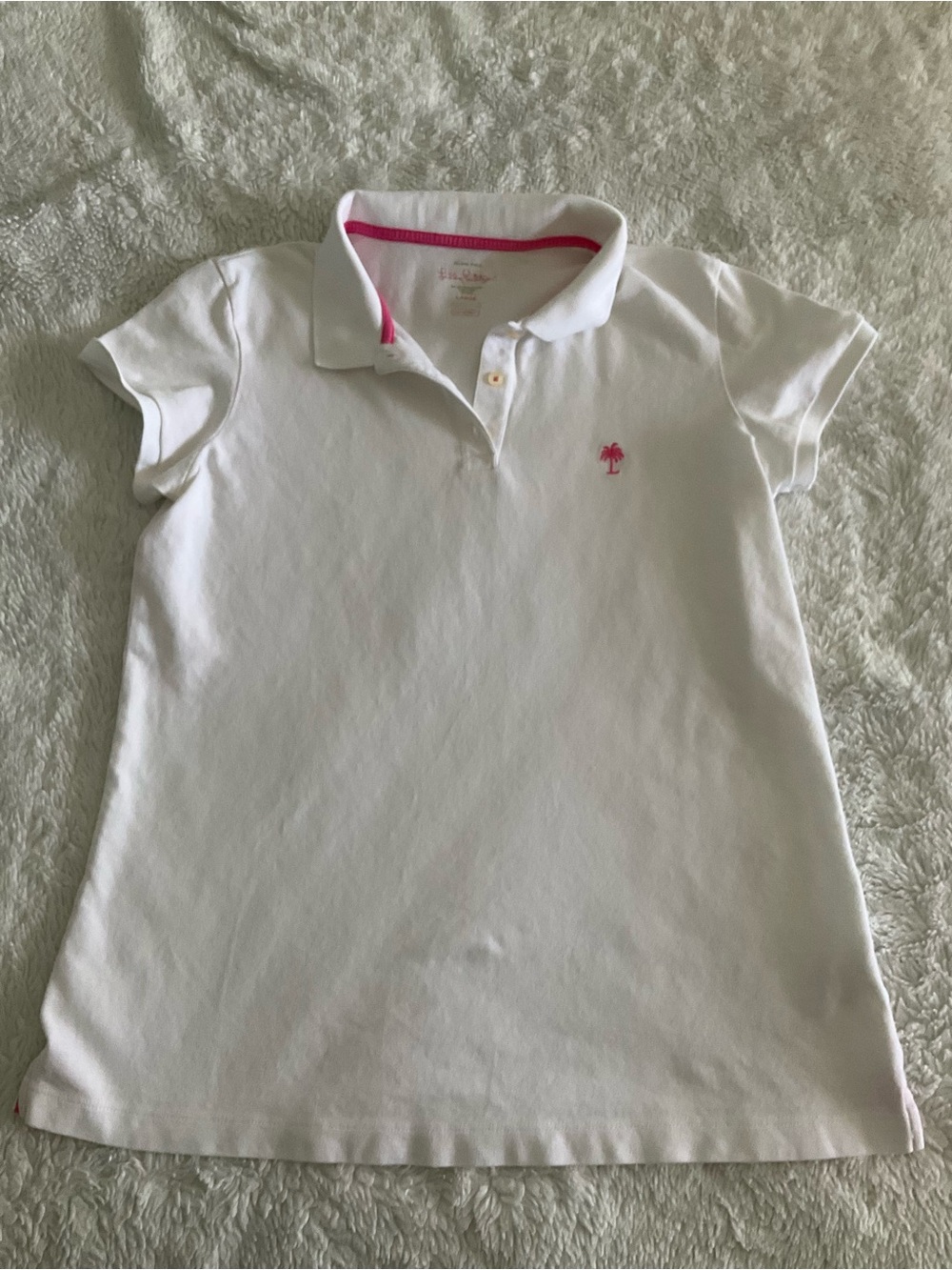 Lilly Pulitzer White Polo with Pink Trim and Palm Logo